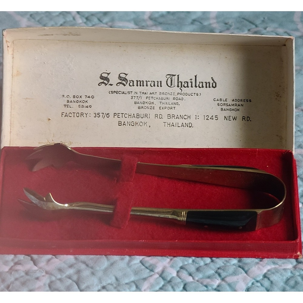 Thailand Original Box Vintage Brass Serving Tongs Claw End Faux Horn Handle ~7"